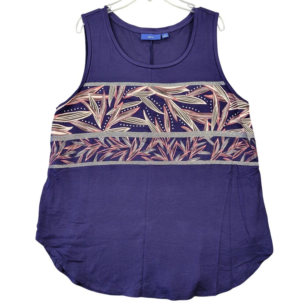 Apt 9 Blue Tank Stretch Preppy Floral Metallic Rhinestone Classic Womens Size L